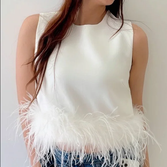 Putting On The Ritz Feather Trim White Top - Picture 3 of 16